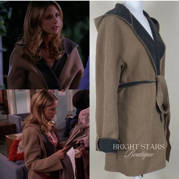 Rare Vintage Wool Coat Jacket ASO Buffy Summers BtVS Womens Tan Gray Belt - Picture 4 of 15